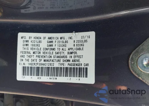 2017 Honda Accord Sport из США, поврежденный, VIN 1HGCR2F59HA012902